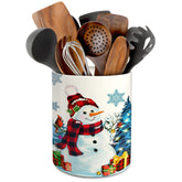 Pinata Christmas ceramic utensil holder with snowman design; durable and practical.