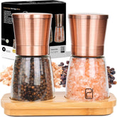 PJCKitchen premium salt and pepper grinder set with bamboo holder and copper finish.