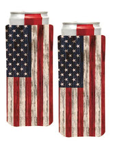 PKM distressed USA flag slim can sleeve offers secure grip and temperature protection.