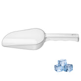 Plastic ice scoop with ergonomic handle for effortless scooping from freezer bins.