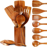 Pleafind teak utensil set 9pc with holder for organized, durable cooking.