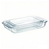Pmssypl 3-piece glass bakeware set stacked for compact storage.