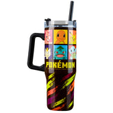 Pokemon insulated tumbler 33oz front view with sturdy handle for on-the-go hydration