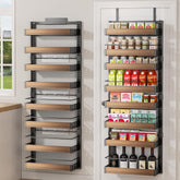 Pokipo 8-tier over-the-door organizer on door for convenient pantry storage.