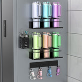 POLRAI Stanley cup organizer on fridge front view with secure magnetic hold for stable storage.