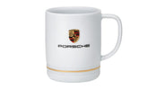 Porsche Crest porcelain cup with white finish and gold ring, elegant daily coffee ritual