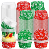 Potchen red Christmas foil cups with lid and snowflake design for festive desserts.