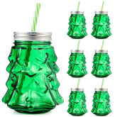 Potchen Christmas tree mason jar cups set with lids and straws for festive gatherings.