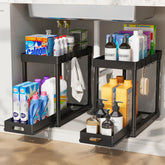 Pougny pull-out storage organizers fit around pipes for organized under-sink storage.