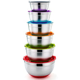 P&P CHEF six-piece mixing bowls with lids in a nesting design for space-saving prep.
