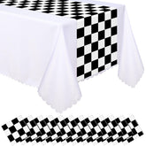 Preboun racetrack table runner in black and white for racing themed party decor