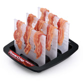 Presto bacon cooker tray with bacon for mess-free microwave cooking.