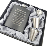 Pretty Inappropriate godfather flask in black coating with satin-lined gift box, ideal for baptisms.