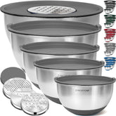 Priority Chef 5-piece stainless steel mixing bowls with lids for organized meal prep.