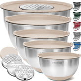Priority Chef mixing bowls with lids in khaki, ideal for prep and airtight storage.