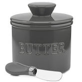 Priority Chef butter crock with lid and water line on counter showing practical design and spill-free use