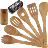 PriorityChef wooden spoons 6pc with holder designed for safe nonstick cooking.