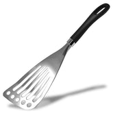 Seki Japan spatula front view highlights wide thin slotted head for delicate turning.
