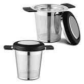 Prudiut tea strainer with lid on cup keeps tea hot and prevents spills.