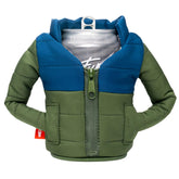 Puffin Puffy Jacket olive-green can cooler keeps drinks cold on the go.