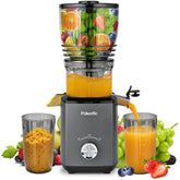 Pukomc cold press juicer front view highlights compact design for small kitchens.