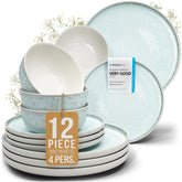 Pure Living stoneware set in beige and blue, a complete 12-piece service for daily meals