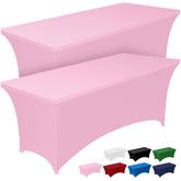 Pureegg Spandex tablecloth on a 6ft pink table showing a snug fit and wrinkle-free presentation.