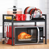 PUSDON extendable microwave rack demonstrates length adjustment for compact kitchens.