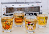 PuGez four-pack Friends shot glasses with iconic quotes for party display.