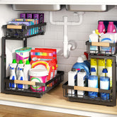 PXRACK under-sink organizer with 2-tier pull-out keeps cabinets organized and accessible.