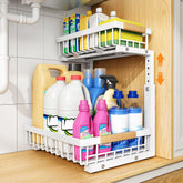PXRACK under-sink organizer with 2-tier pull-out for easy cabinet access.