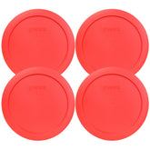 Pyrex 7201-PC red lids set secures four-cup bowls for fresh leftovers.