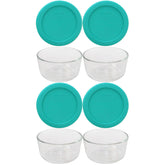 Pyrex 7202 glass bowls with turquoise lids for practical portioning.