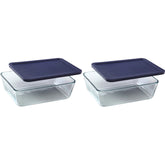 Pyrex 7212 glass dish with dark blue lid, front view, ideal for meal prep