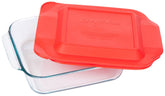 Pyrex Basics 8-square with red cover, top view, durable clear glass for baking and storage.