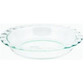 Pyrex C-209 clear fluted rim pie plate front view, showing even heat distribution for baked pies.