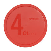 Pyrex red 4-quart bowl lid on a mixing bowl, microwave safe and BPA-free.