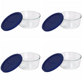 Pyrex Storage 4-cup round dish with dark blue lid, non-porous glass resists odors and stains.