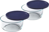 Pyrex Storage Plus 7-Cup round dish with blue cover, ideal for meal prep and leftovers.