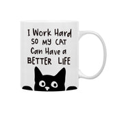 QASHWEY work-hard cat-life mug, front view, daily motivation.
