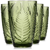 QELVIO green drinking glass with fern embossing for daily hydration and tactile elegance.