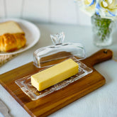 QFkris 7'' Glass Butter Dish with Lid, lid in view for convenient butter access.