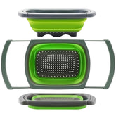 QiMH collapsible colander over sink showing 6-quart capacity for easy draining.