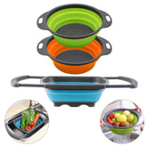 QiMH collapsible colander over sink draining pasta quickly