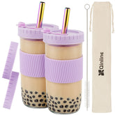 Qinline 24oz glass bubble tea cups with lids for spill-free sipping