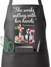 QSLEUNG Christian apron for women, front view with adjustable neck and Proverbs 31:13 motif.