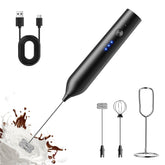QTDHG rechargeable milk frother with stand creates creamy foam in seconds for coffee lovers.