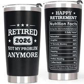 QTDS Retired 2026 tumbler front view with humor, ideal for hot coffee on the go.