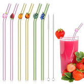 Queekay fruit glass straw with strawberry bend design, ideal for colorful summer beverages.