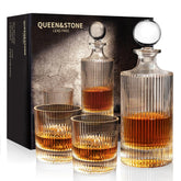 QUEEN&STONE LEAD FREE 27oz whiskey decanter ribbed set on display, ideal for entertaining guests.